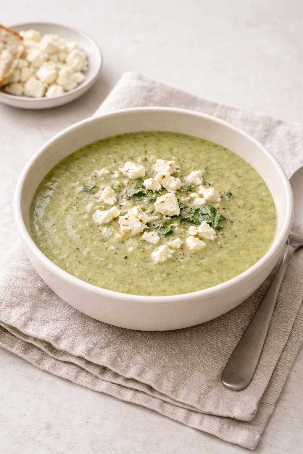 Creamy spinach soup with feta cheese served in a simple bowl with a soft texture