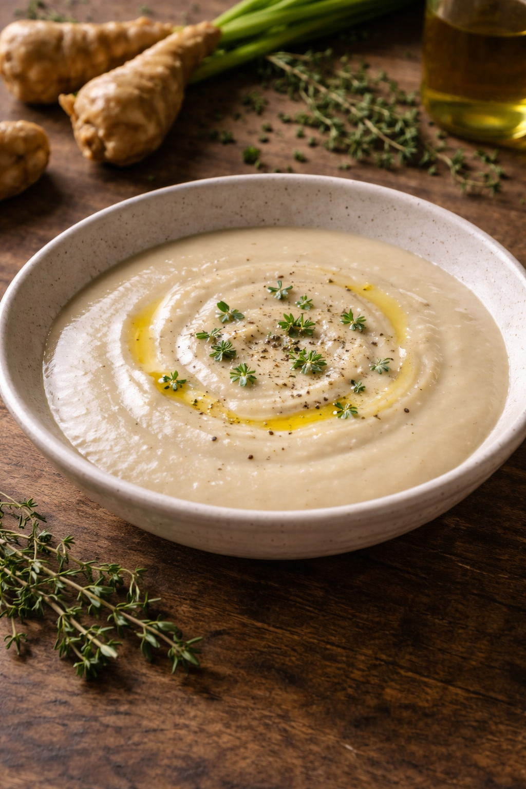 Velvety Jerusalem artichoke soup served with a drizzle of olive oil