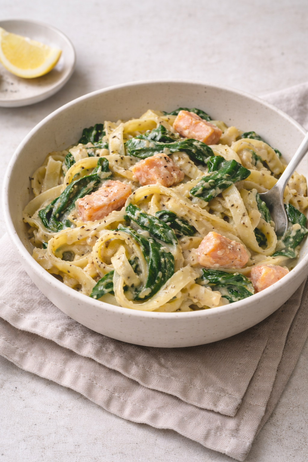 Creamy tagliatelle pasta with salmon and spinach served in a simple bowl