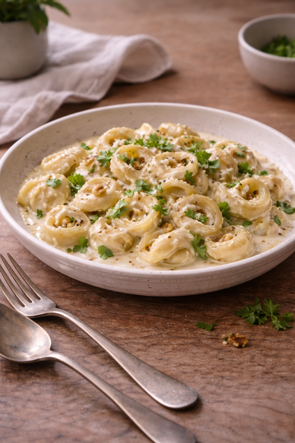 Tortellini served in a creamy Parmesan sauce on a ceramic plate