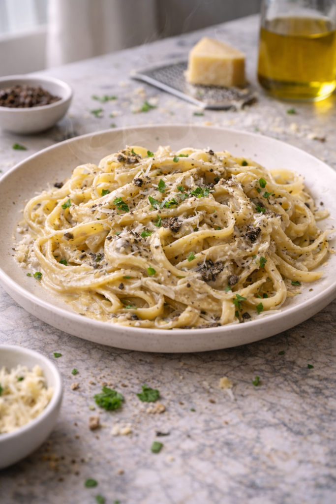 Creamy truffle pasta served on a plate in natural daylight with visible sauce and pasta texture.