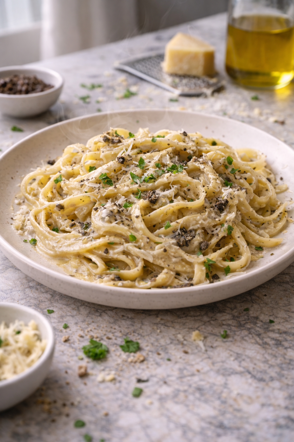 Creamy truffle pasta served on a plate in natural daylight with visible sauce and pasta texture.