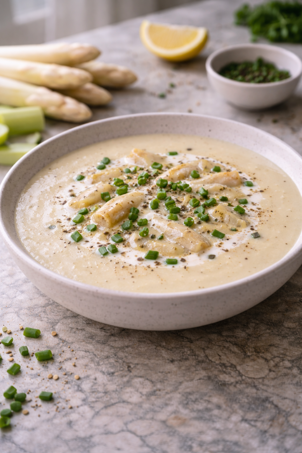 Creamy white asparagus and leek soup served in a bowl, photographed in soft natural daylight.