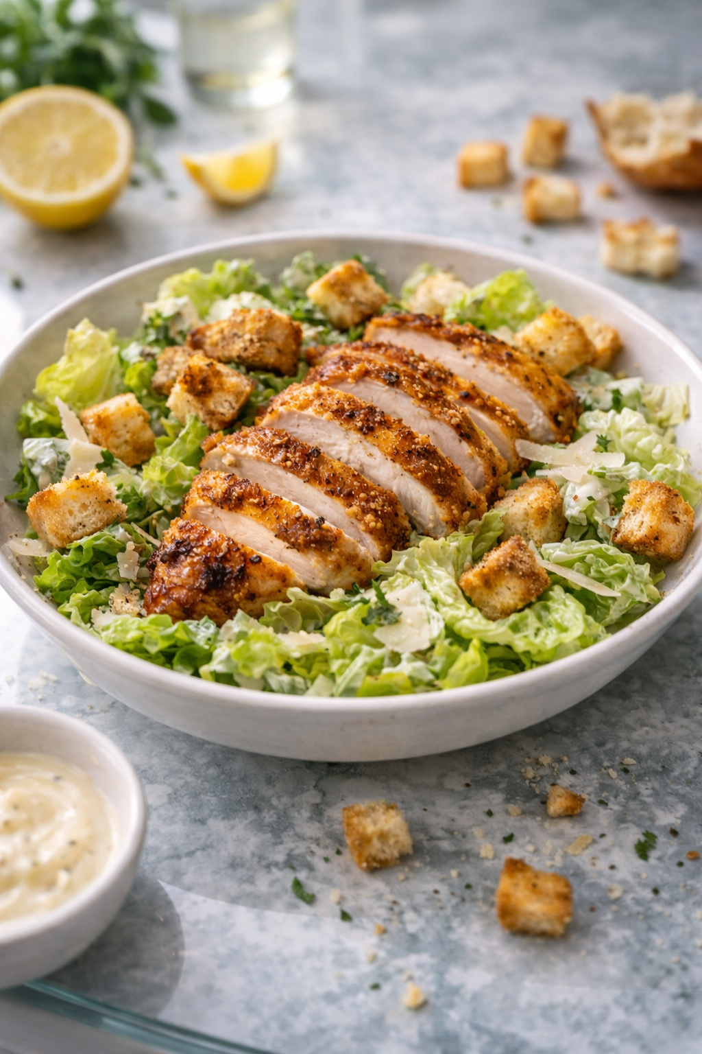 Crispy air fryer chicken salad with romaine lettuce and creamy garlic dressing served in a bowl