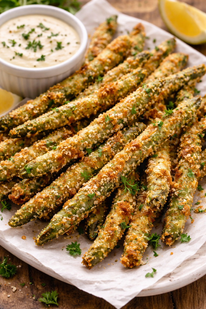 crispy air fryer green bean fries with parmesan breadcrumb coating