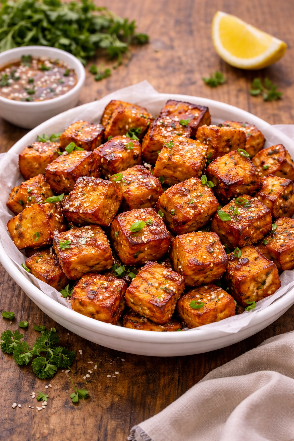 crispy air fryer marinated tofu cubes in a bowl with sesame and green onions