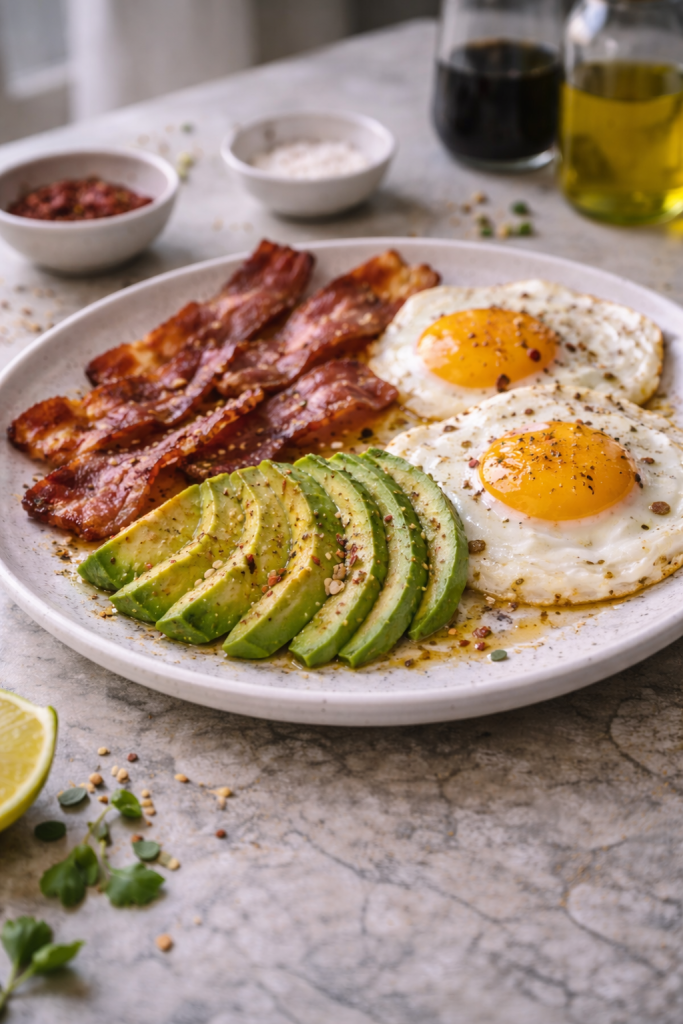 Crispy bacon with soft eggs and sliced avocado served on a plate, photographed in natural daylight with visible texture.
