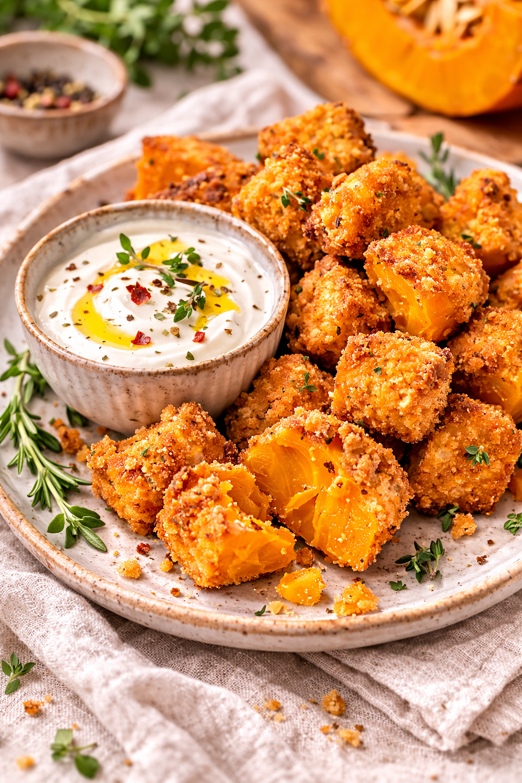 crispy breaded pumpkin bites on a plate