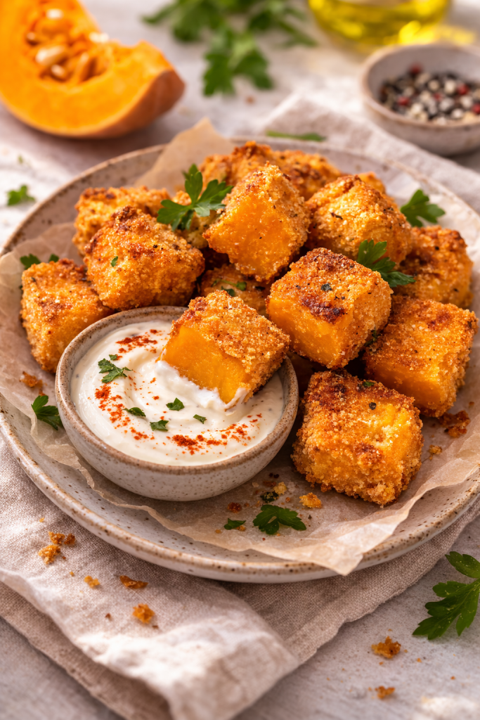 crispy breaded pumpkin bites served with creamy garlic dip on a plate