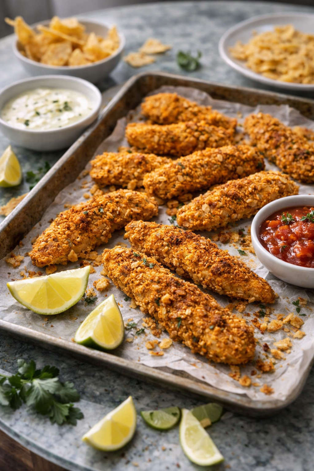 Crispy baked chicken fingers coated in tortilla crumbs and taco spices