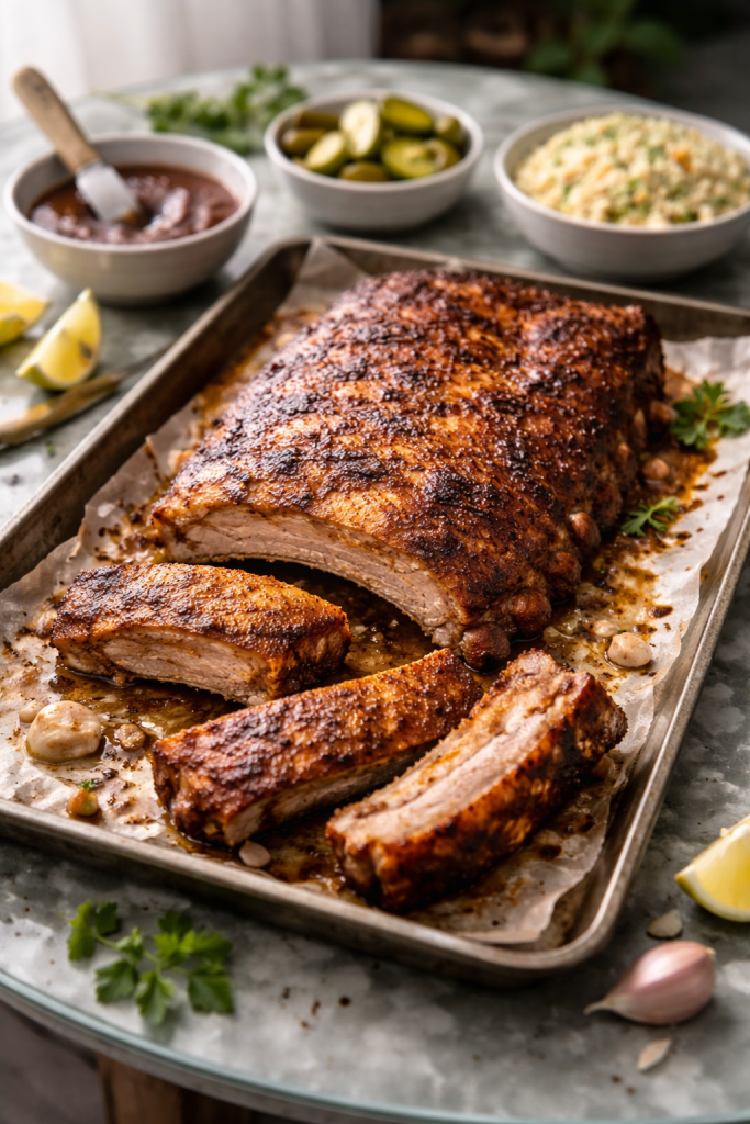 Oven baked pork ribs with golden, crispy crust resting on a metal tray