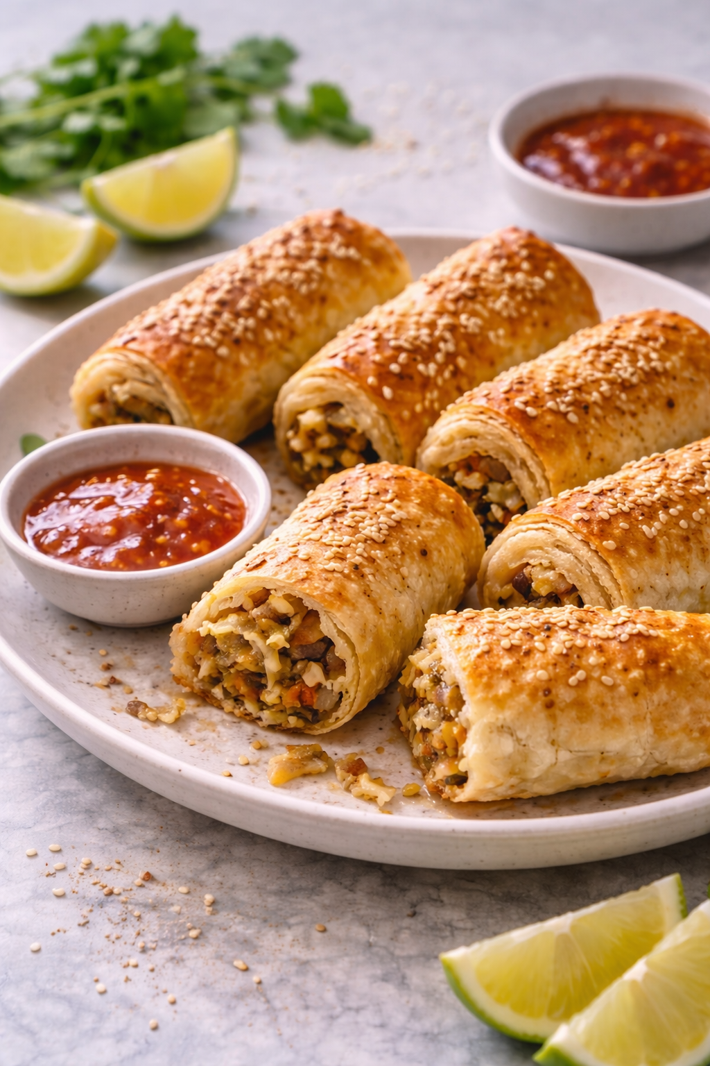 Crispy puff pastry rolls filled with savory vegetable mixture