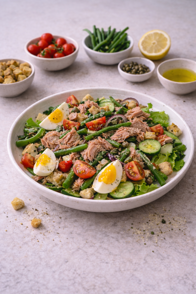 Crunchy tuna salad with green beans, eggs, and fresh vegetables served on a plate in natural daylight.