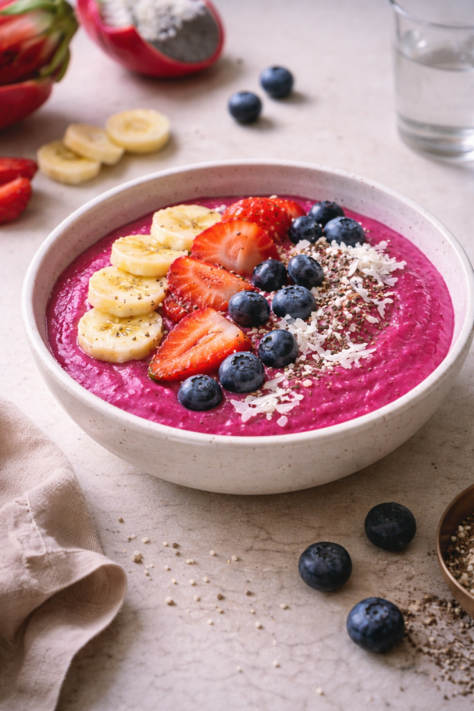 Pink dragon fruit smoothie bowl topped with fruit and seeds, served in natural daylight.