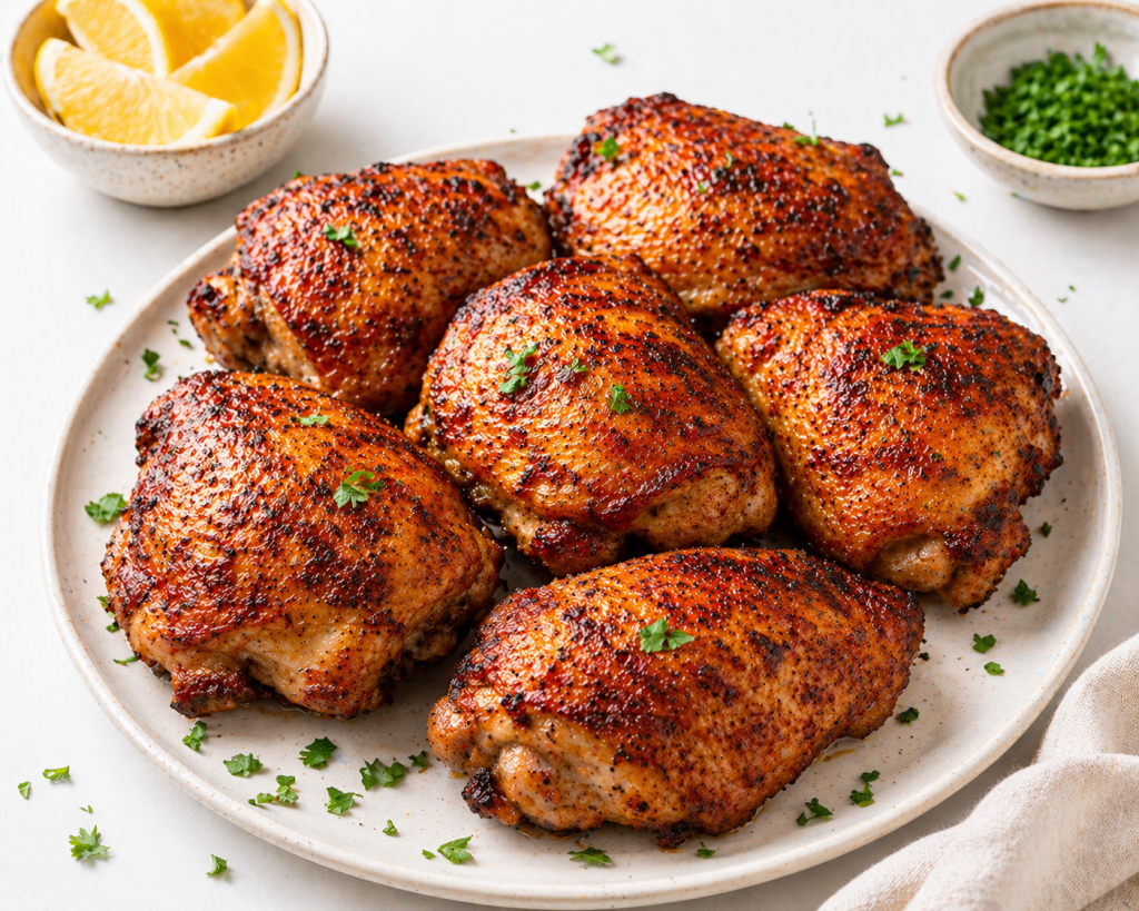 crispy air fryer chicken thighs with golden skin on a plate with lemon and herbs
