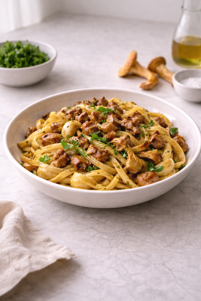 Simple pasta with chanterelle mushrooms served in a bowl, photographed in natural daylight at home