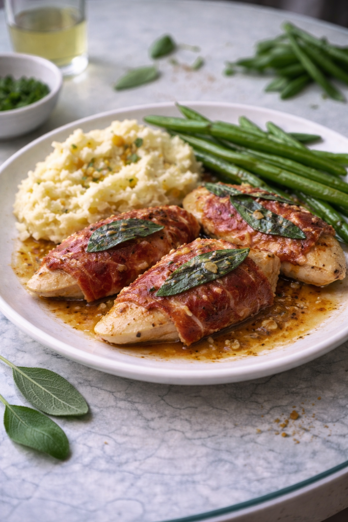 Chicken cutlets with sage and crispy ham served with a light pan sauce