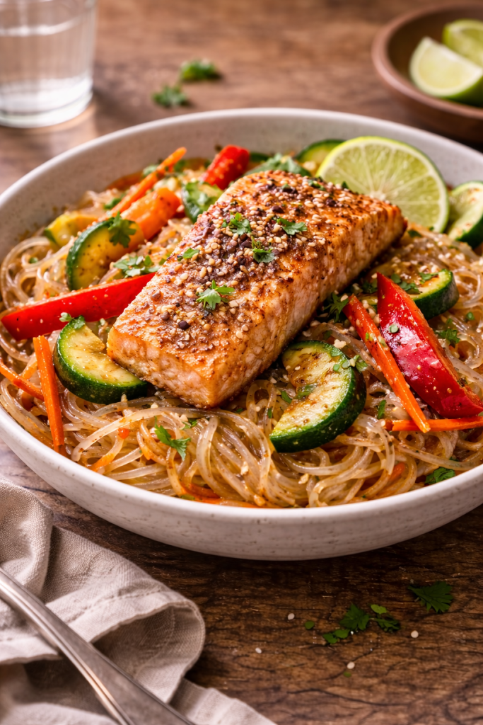 Easy konjac noodles with vegetables and air fryer salmon for a quick flavorful dinner