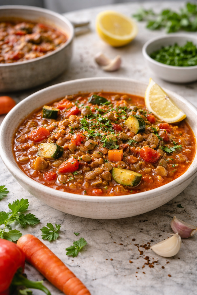 Easy vegetarian lentil goulash with vegetables served in a bowl