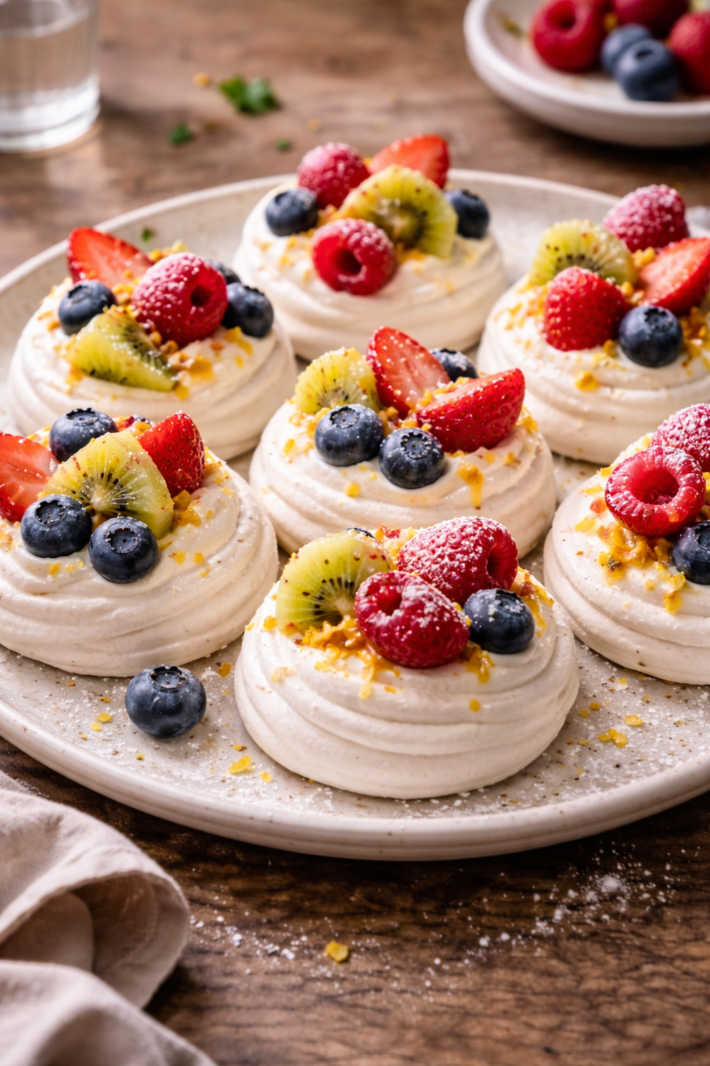 Easy mini pavlova bombs topped with whipped cream and fresh fruit for a light dessert