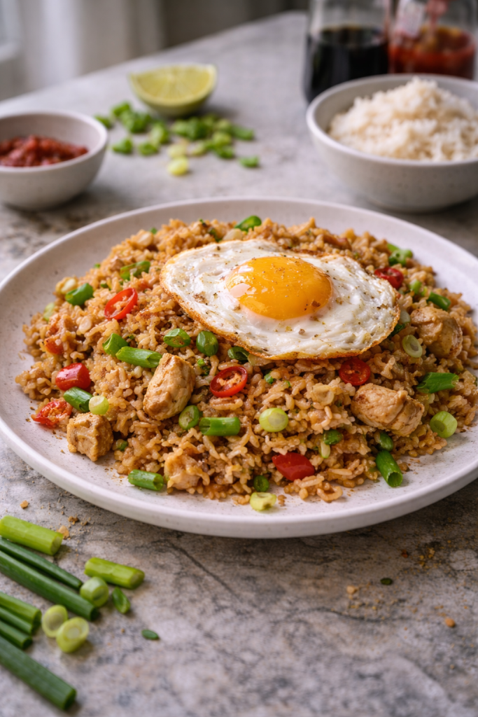 Homemade nasi goreng fried rice served on a plate with egg, photographed in natural daylight.