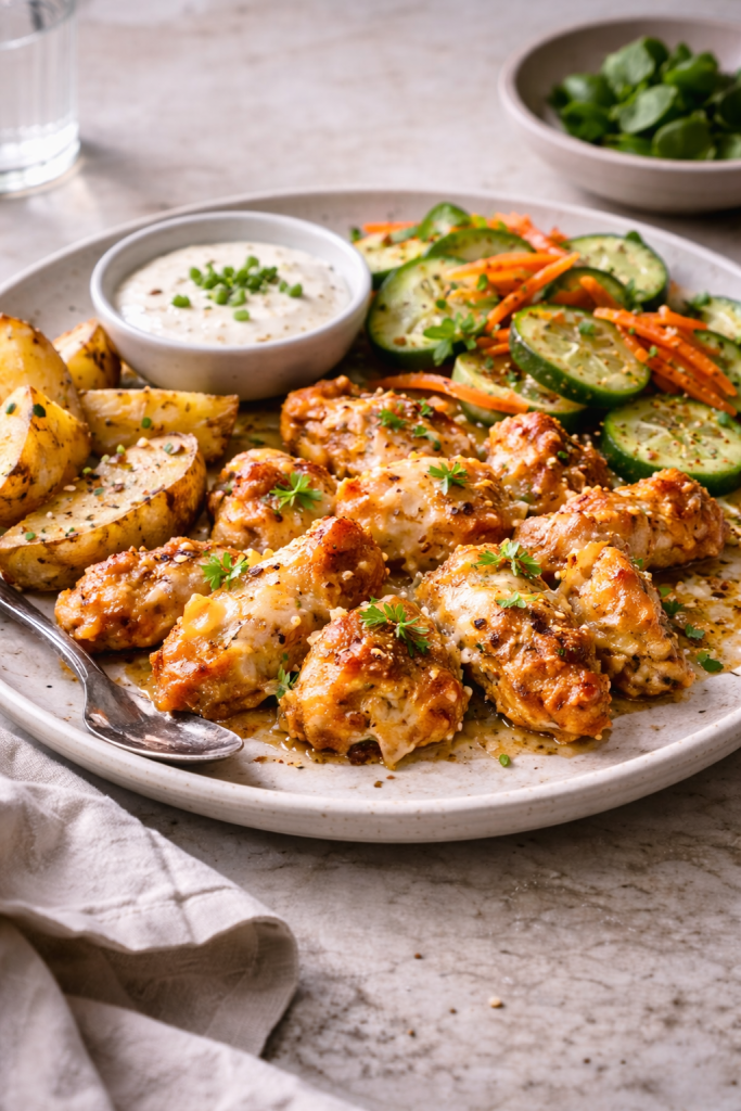 Easy one-pan cheesy chicken bites served hot for a quick family dinner