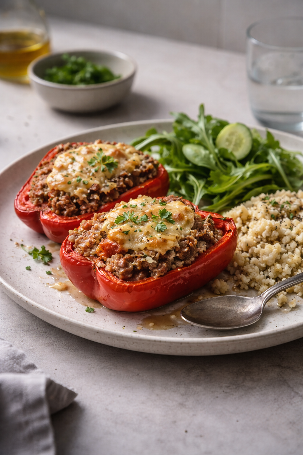 Oven-baked stuffed peppers served as an easy, low-effort dinner made in one dish.