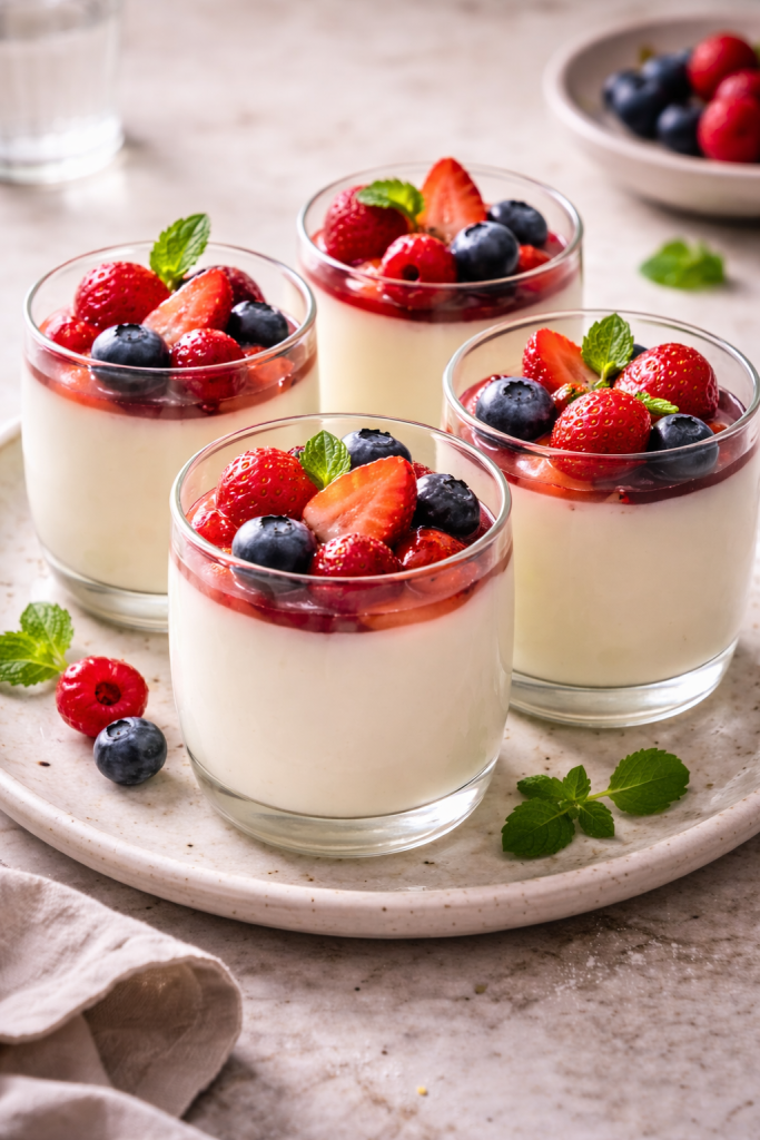 Easy panna cotta served in glasses with fresh berries for a quick elegant dessert
