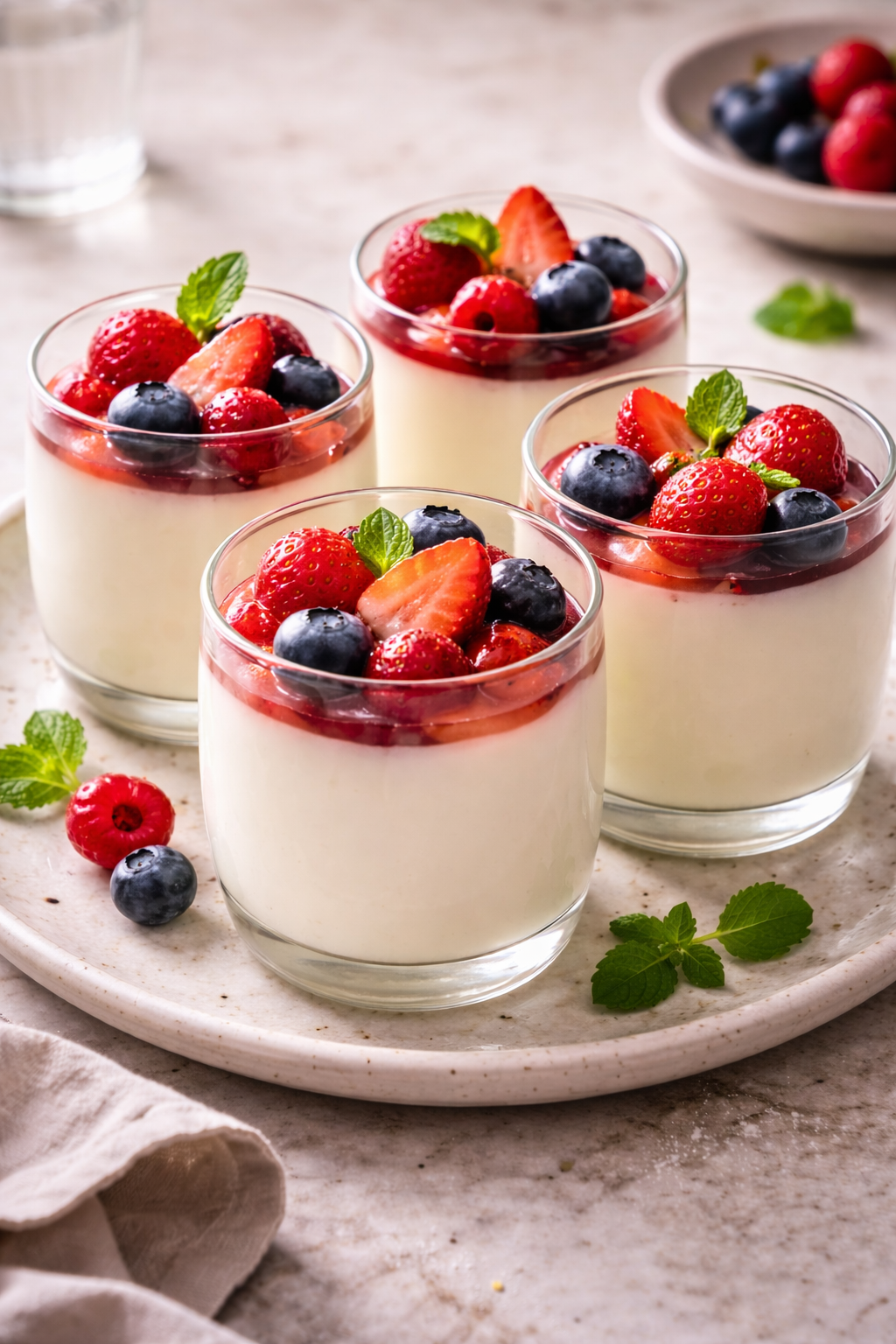 Easy panna cotta served in glasses with fresh berries for a quick elegant dessert