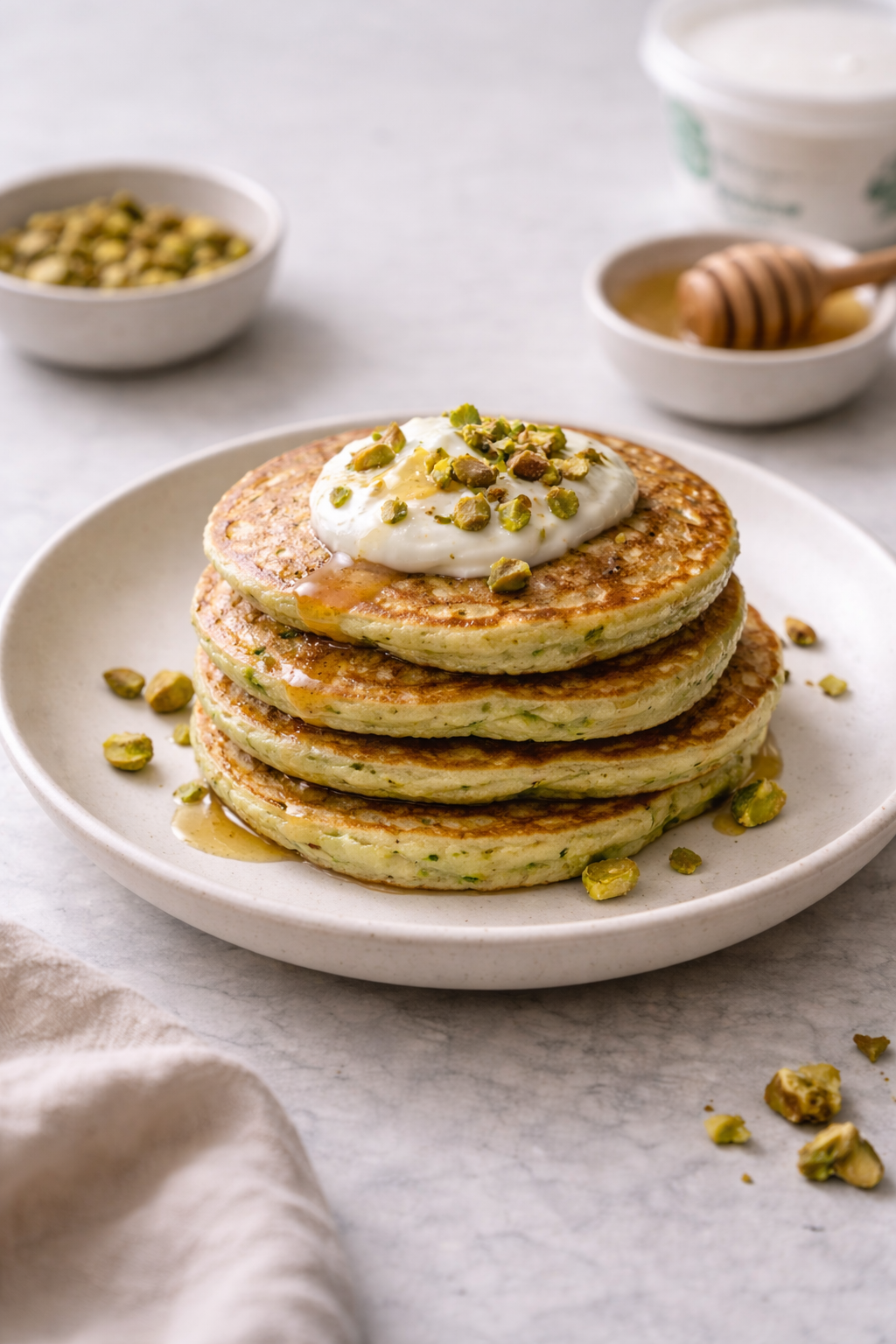Easy homemade pancakes with ground pistachios and yogurt