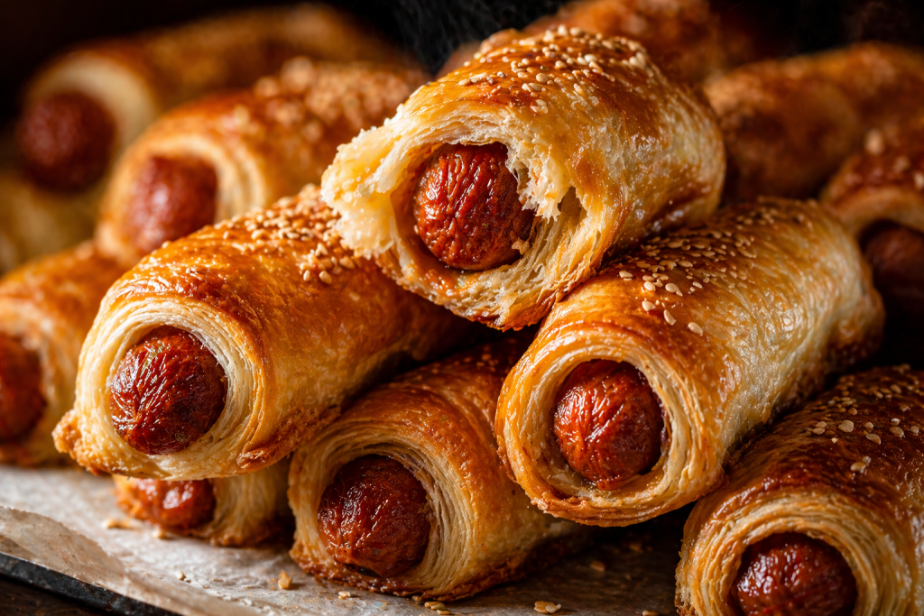 easy sausage rolls with puff pastry golden crispy layers and visible sausage filling