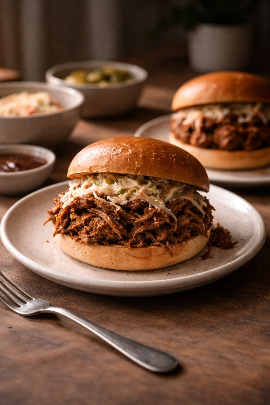 Slow cooker BBQ pulled pork sandwiches served on soft buns for an easy dinner