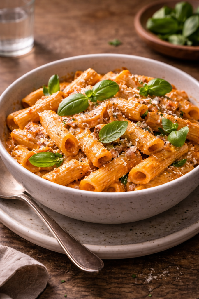 Easy vodka pasta with creamy tomato sauce served warm for a quick dinner