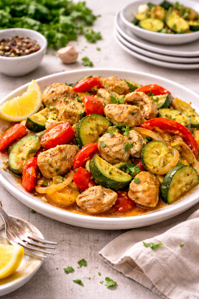 everyday skillet chicken with vegetables served on a plate
