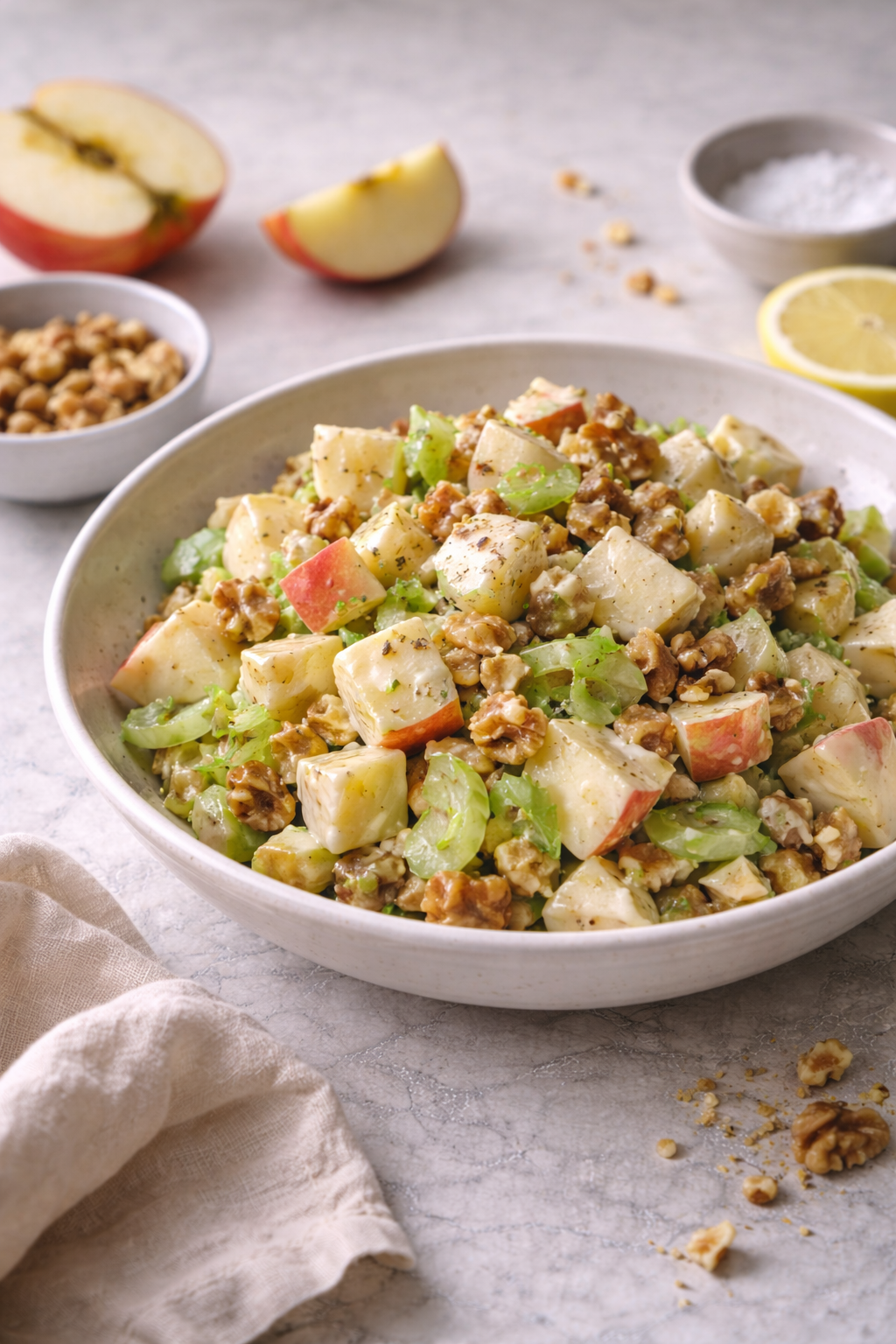 Quick apple, celery and walnut salad served in a bowl in natural daylight