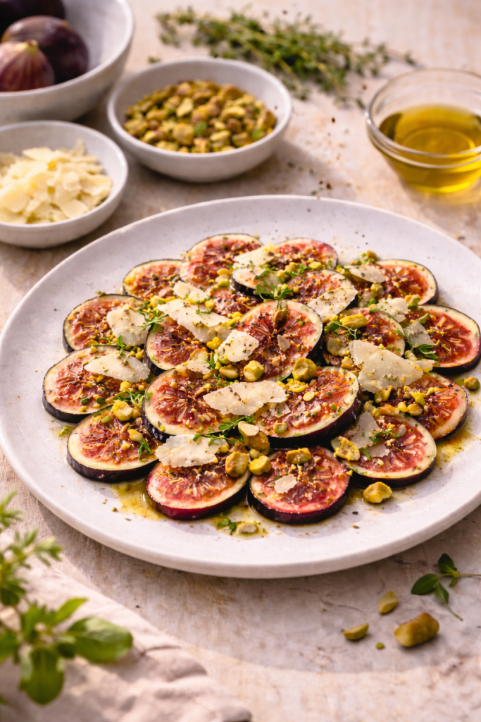fig carpaccio being assembled with parmesan shavings, crushed nuts and olive oil on sliced fresh figs