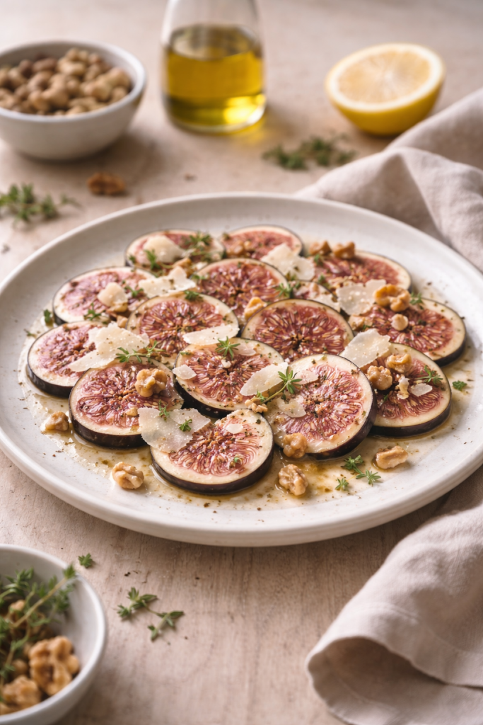 Thinly sliced fresh figs arranged on a plate with cheese shavings, nuts, and olive oil in natural daylight.