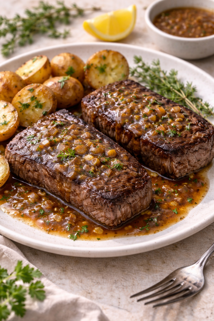 french style beef steak with pan sauce served on a plate
