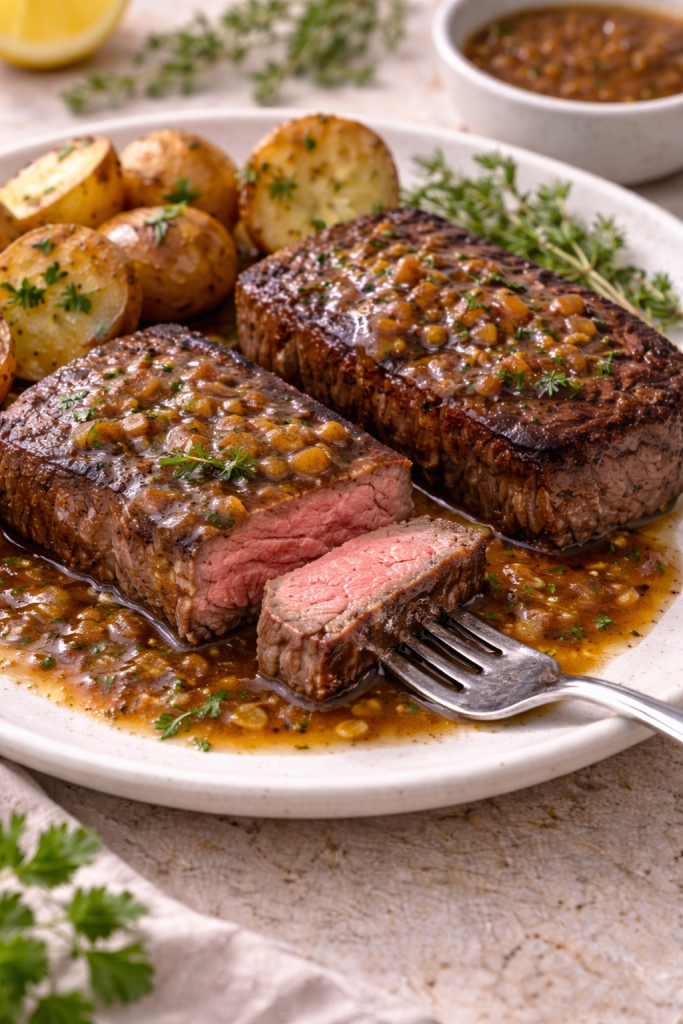 french style beef steak sliced open showing tender pink medium rare inside with pan sauce