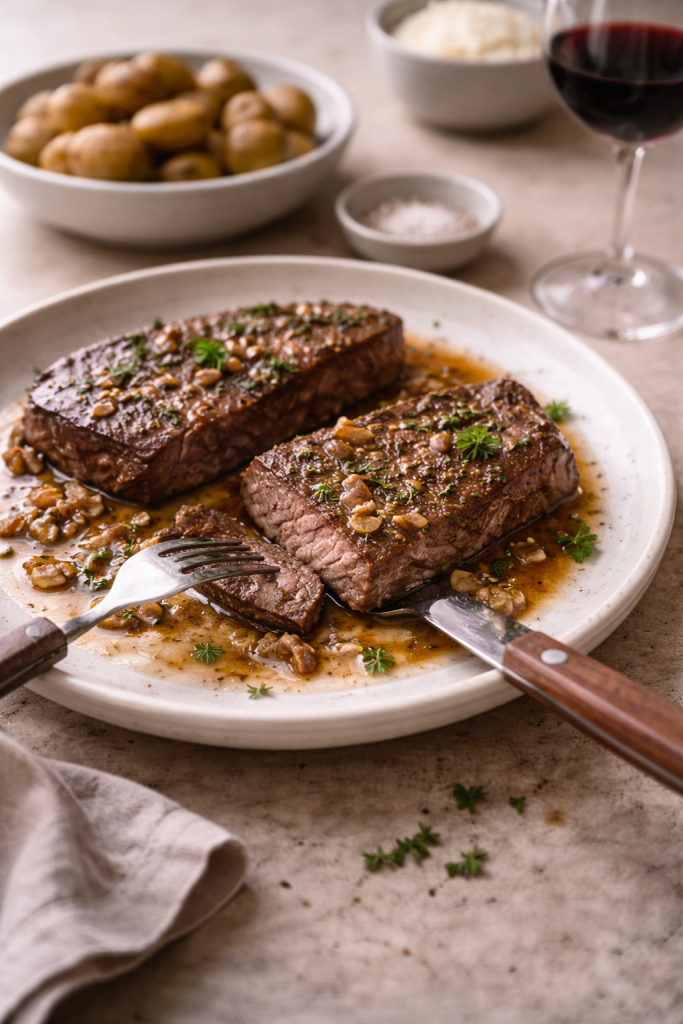 Pan-seared beef steaks served with a shallow shallot pan sauce, photographed in natural daylight.
