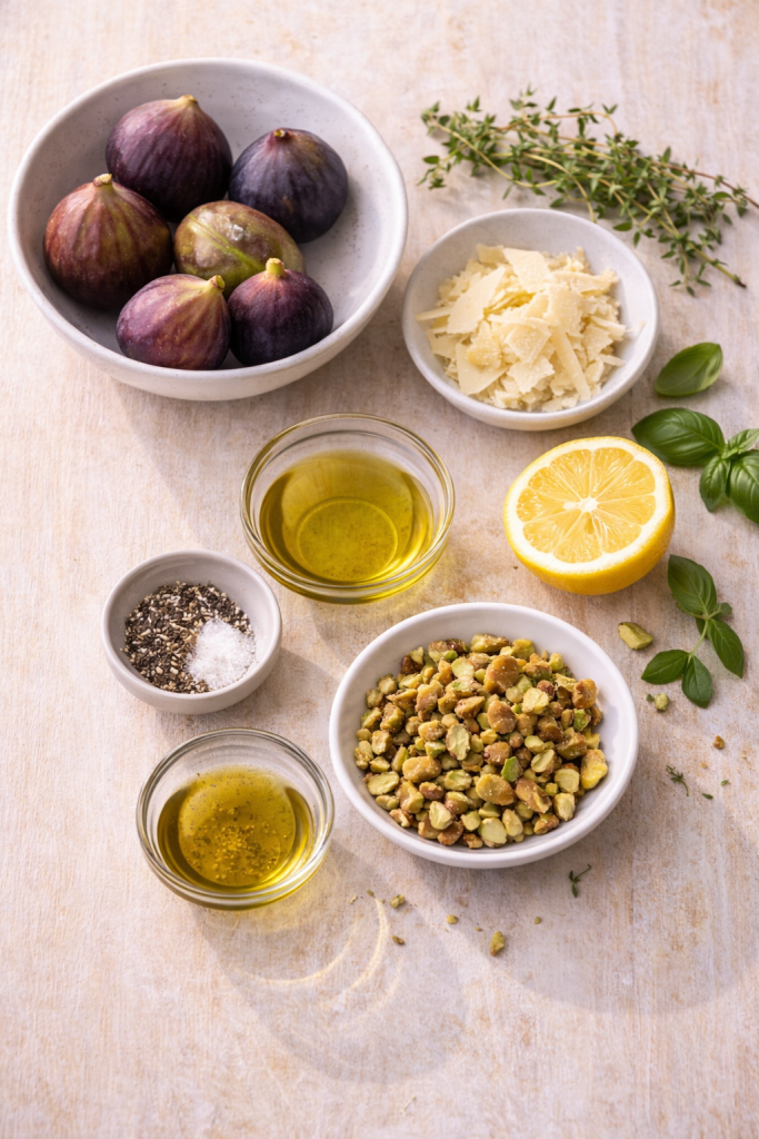 ingredients for fresh fig carpaccio with parmesan, nuts, herbs and olive oil on a light wooden table