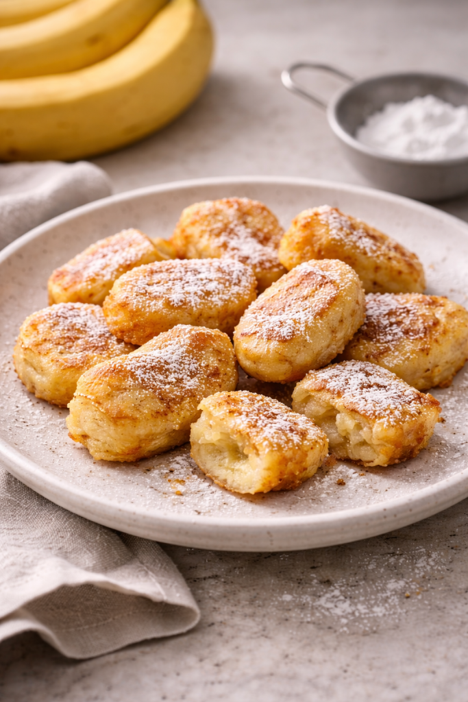 Golden fried bananas in light batter dusted with powdered sugar on a plate
