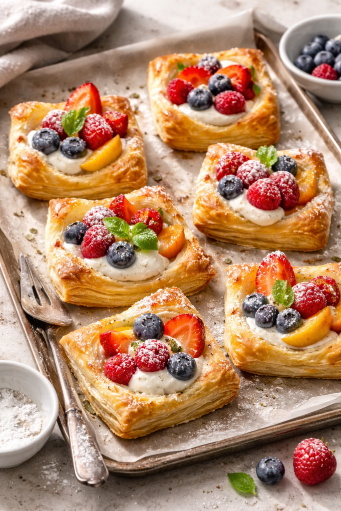 Flaky puff pastry cups filled with fresh fruit and creamy yogurt, styled casually on a baking tray