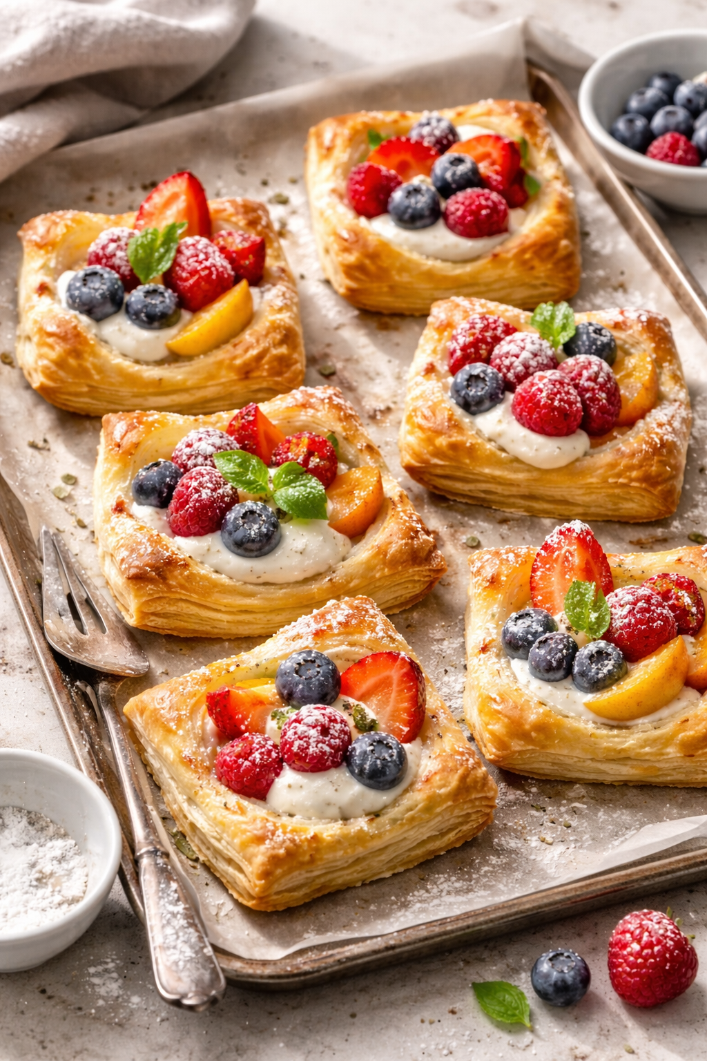 Flaky puff pastry cups filled with fresh fruit and creamy yogurt, styled casually on a baking tray