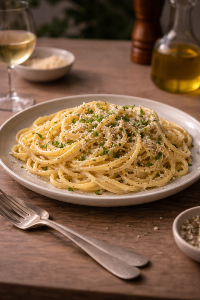 Simple garlic pasta made without cream using pasta water and olive oil