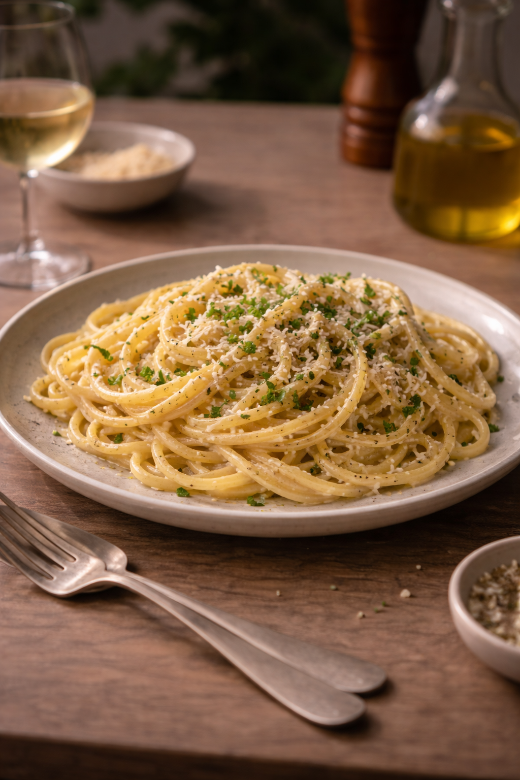 Simple garlic pasta made without cream using pasta water and olive oil