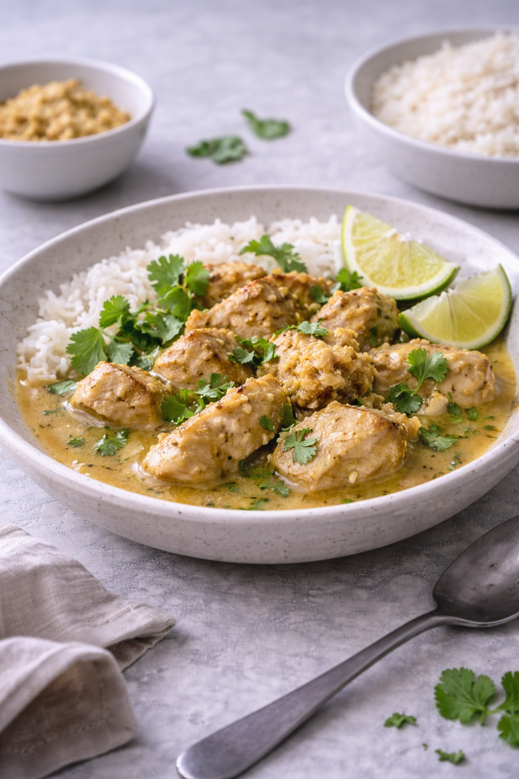 Chicken curry with ginger and lime served in a bowl with fresh herbs
