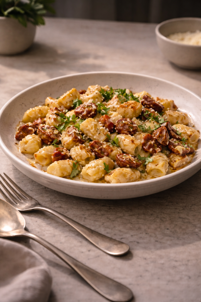 Gnocchi with turkey pieces and sun-dried tomatoes served in a creamy sauce