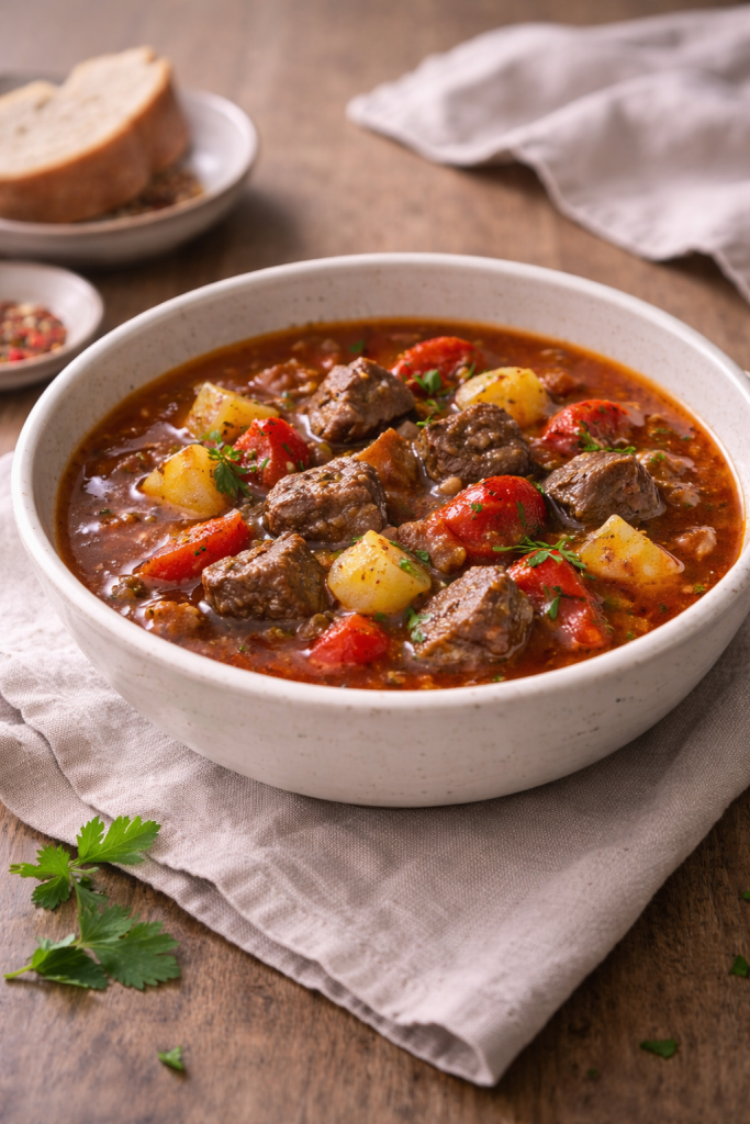 Thick goulash-style soup with roasted peppers and caraway seeds served in a simple bowl