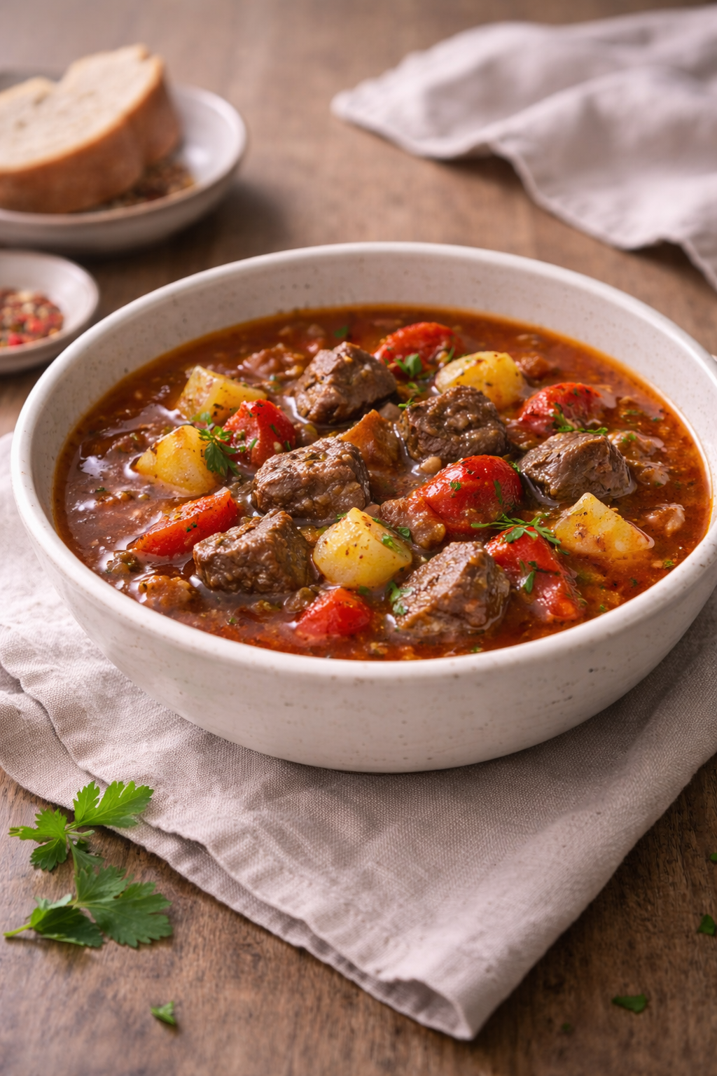 Thick goulash-style soup with roasted peppers and caraway seeds served in a simple bowl